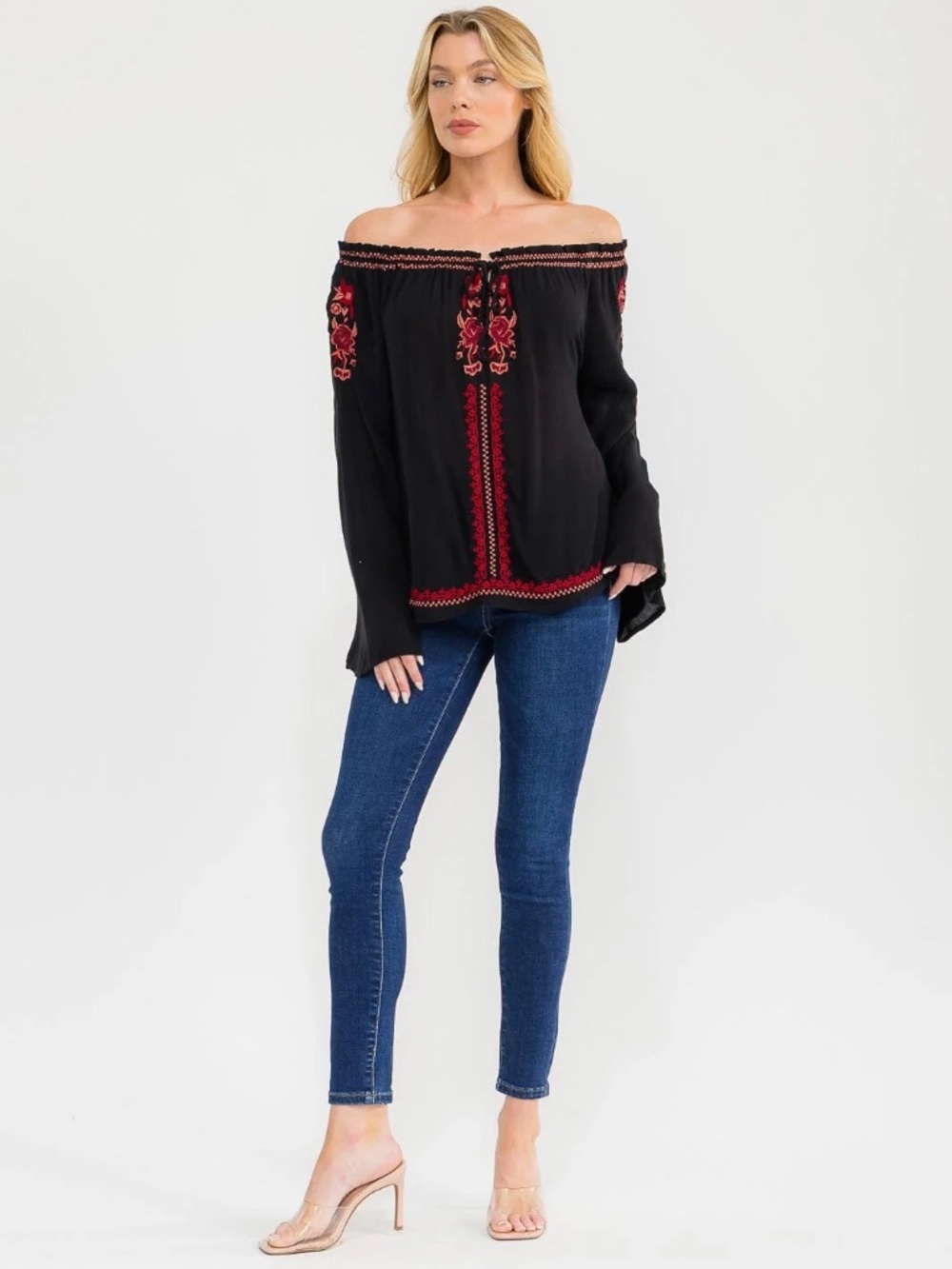 "Talori" Women's Long Belt Sleeve Embroidery Detailed Tunic Blouse